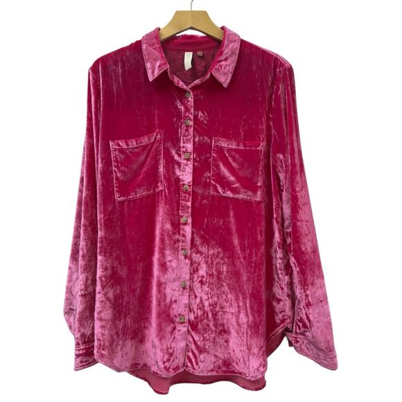 Anthropologie Pilcro Velvet Button Down Shirt in Hot Pink Size 12 - Picture 3 of 7